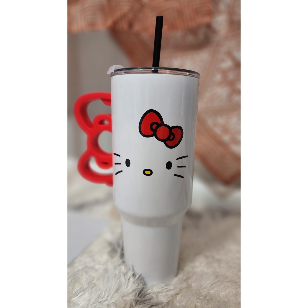 Hello Kitty Insulated Tumbler White Red Bow Handle With Lid &‎ Straw
